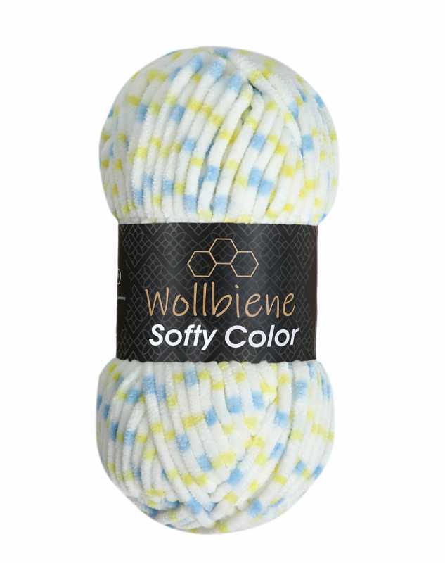 Wollbiene Softy Color Chenille garen kleur 114 wit blauw geel