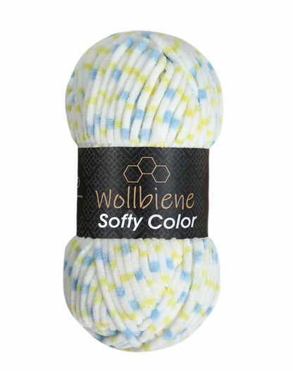 Wollbiene Softy Color Chenille garen kleur 114 wit blauw geel