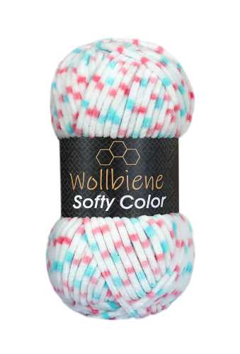 Wollbiene Softy Color Chenille garen kleur 117 wit roze petrol
